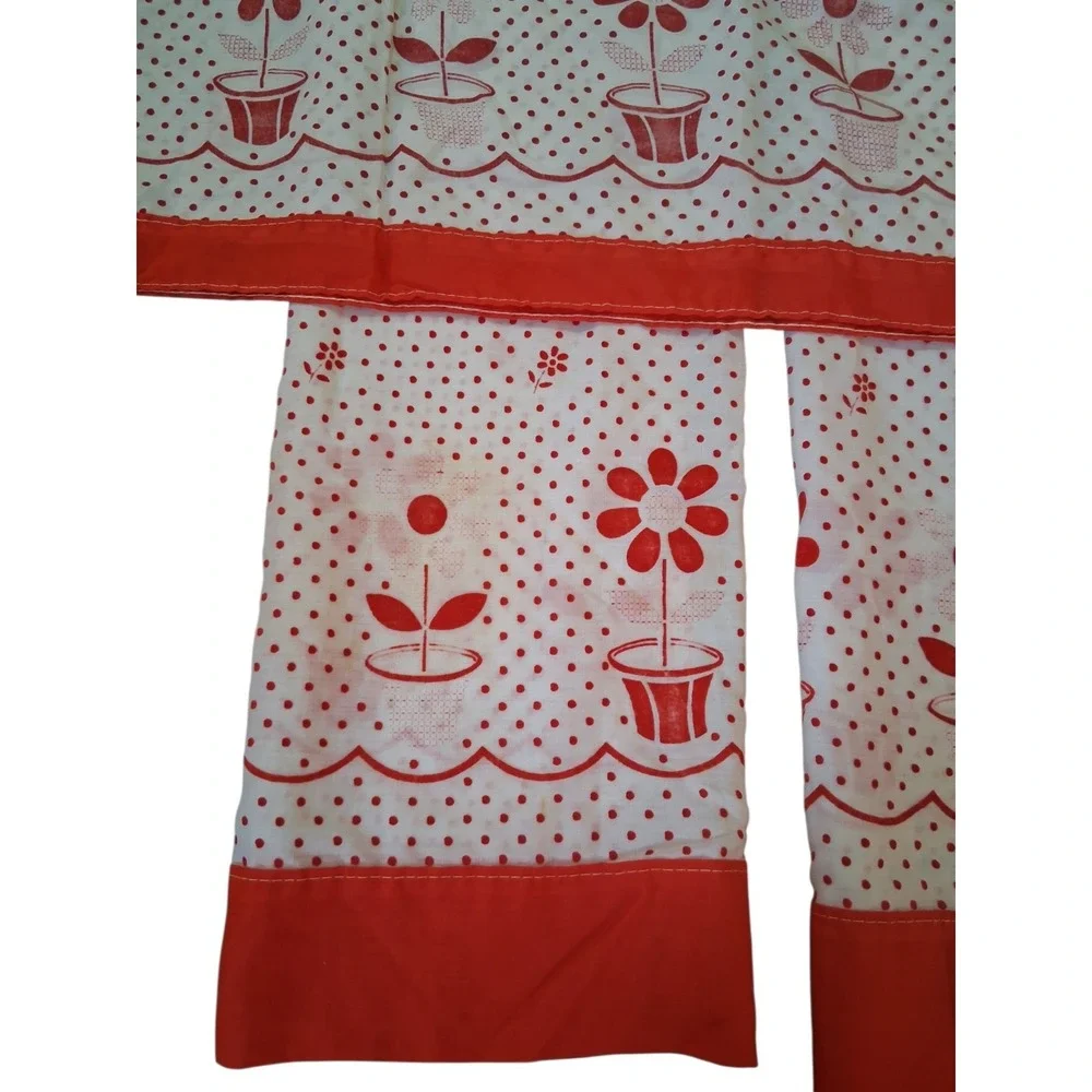 Vtg Cafe Curtains & Kitchen Valance Set Red White Polka Dot Flower Decor READ